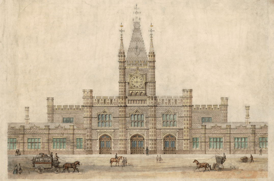 Old drawing of Bristol Temple Meads station front