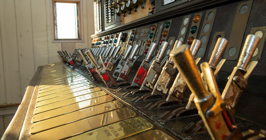 Close up of the levers inside Borough Market Junction Signal box