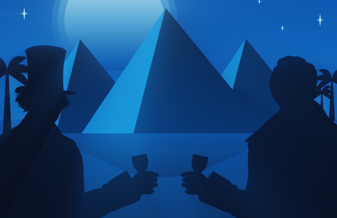 Drawing from an animation of Robert Stephenson and Isambard Kingdom Brunel enjoying a drink in front of pyramids and palm trees.