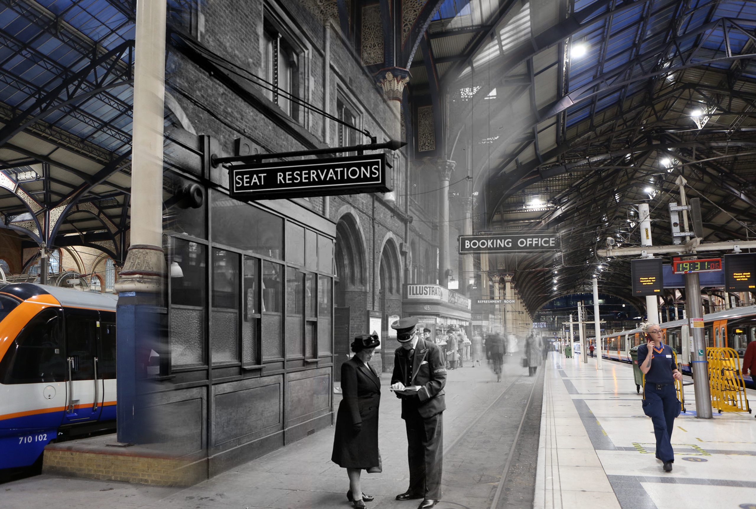 Black and white mixed with colour edit of platform eight at London Liverpool Street station, 1950 vs 2020