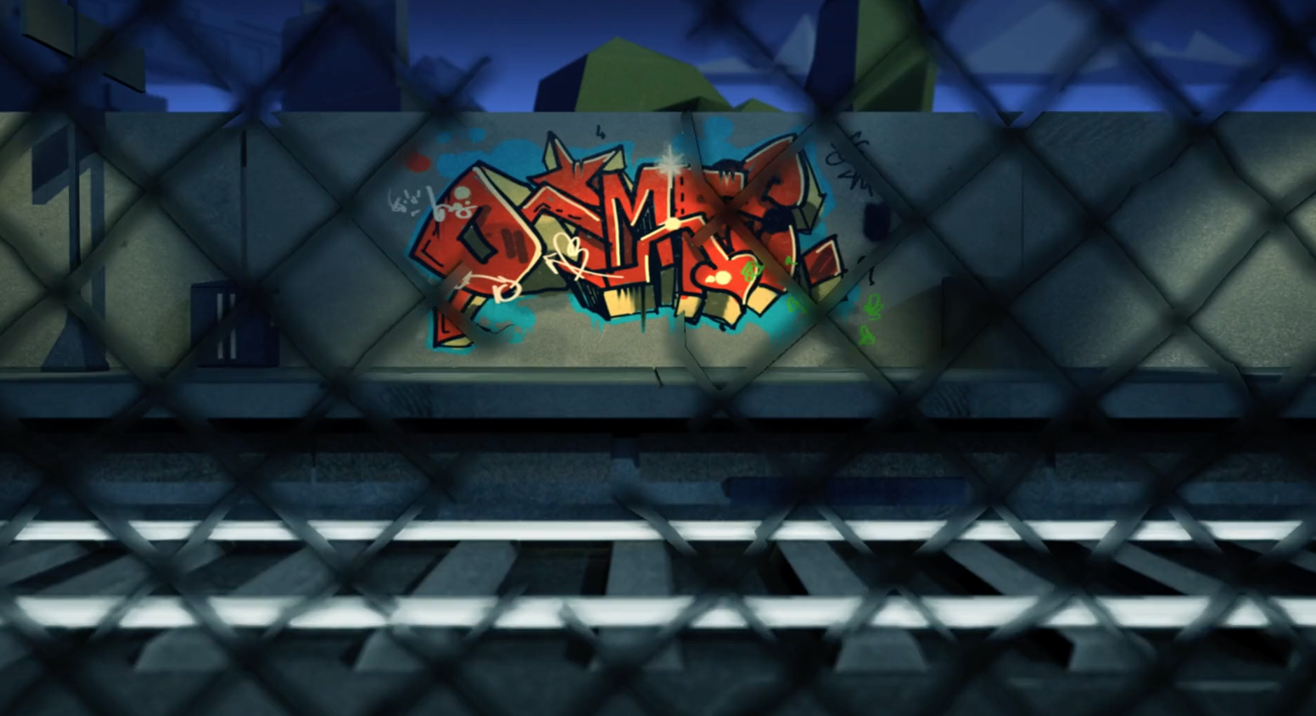 Still from trespass and vandalism animation - graffiti through a broken chain-link fence