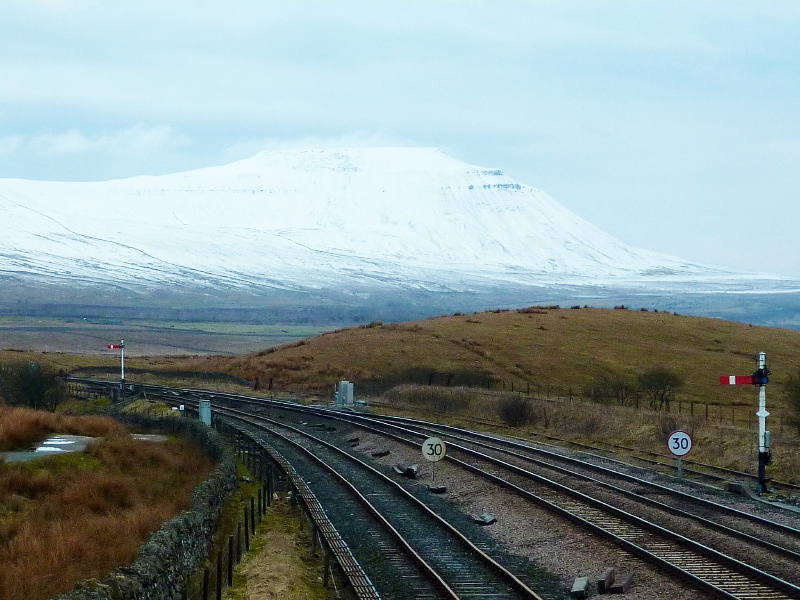 The view from the window of Blea Moor signal box - Ingleborough mountain, one of the Three Peaks
