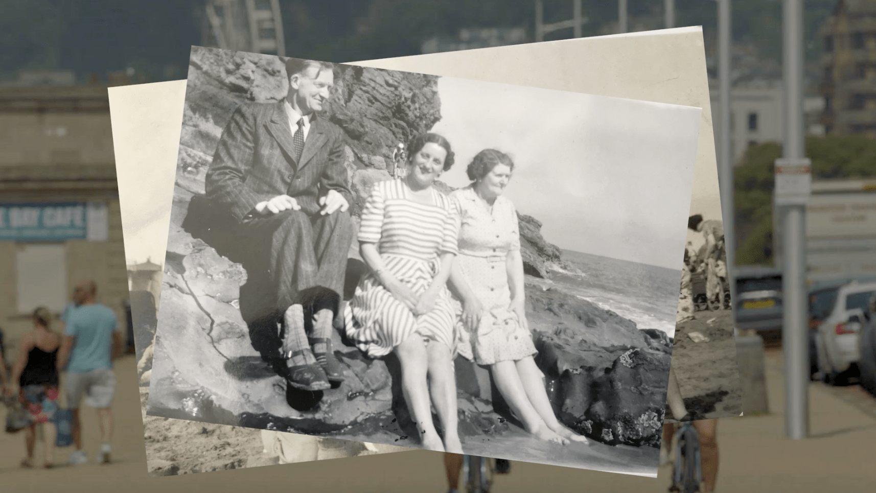 Black and white photographs of a family at the seaside