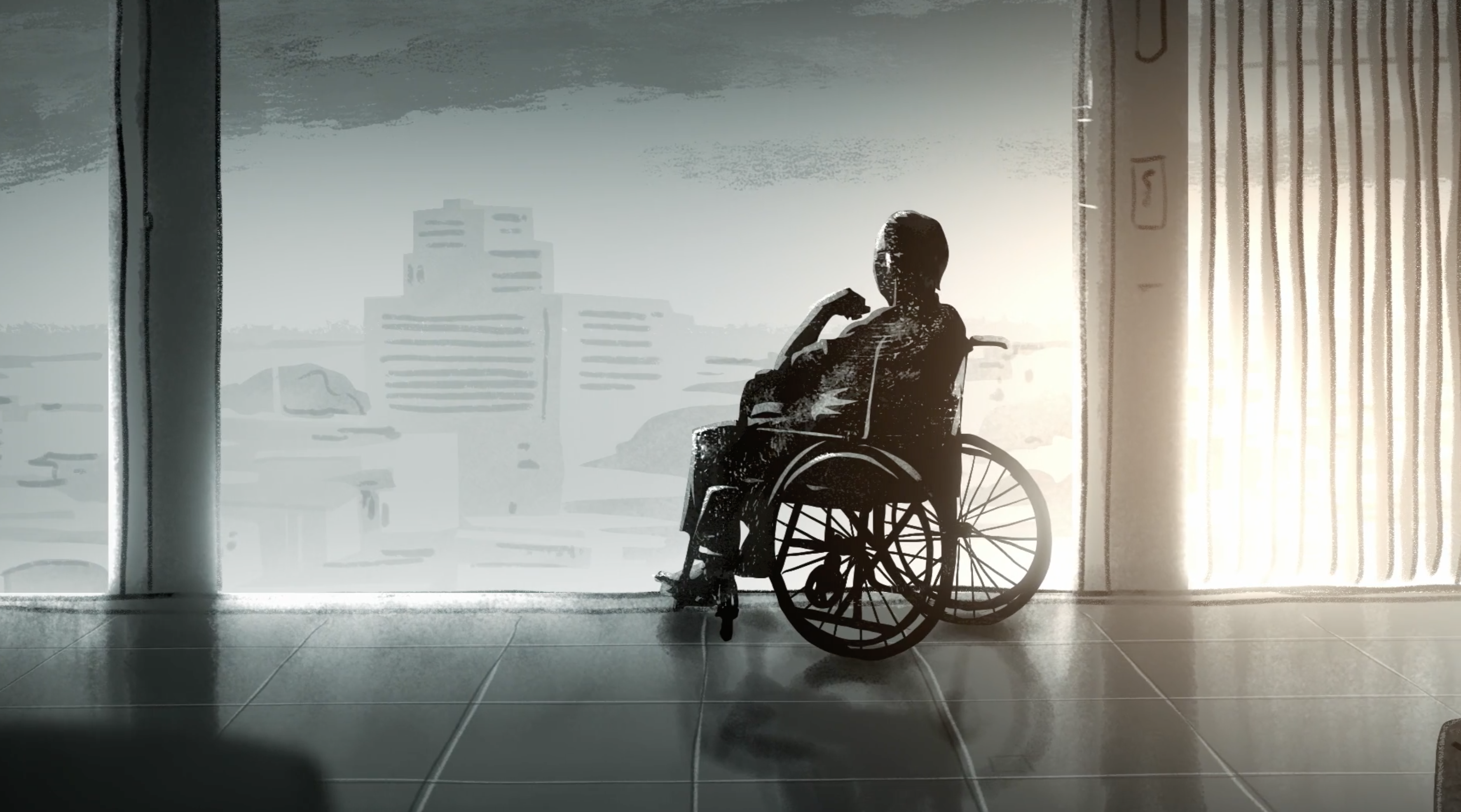 Still from an animation depicting Network Rail board member Stephen Duckworth at the hospital in a wheelchair