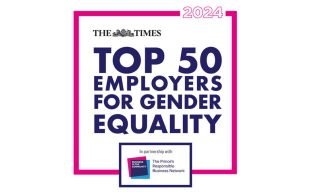 An infographic that says 'The Times Top 50 Employers for Gender Equality' in bold blue type enclosed in a pink box with the words 2024 at the top.